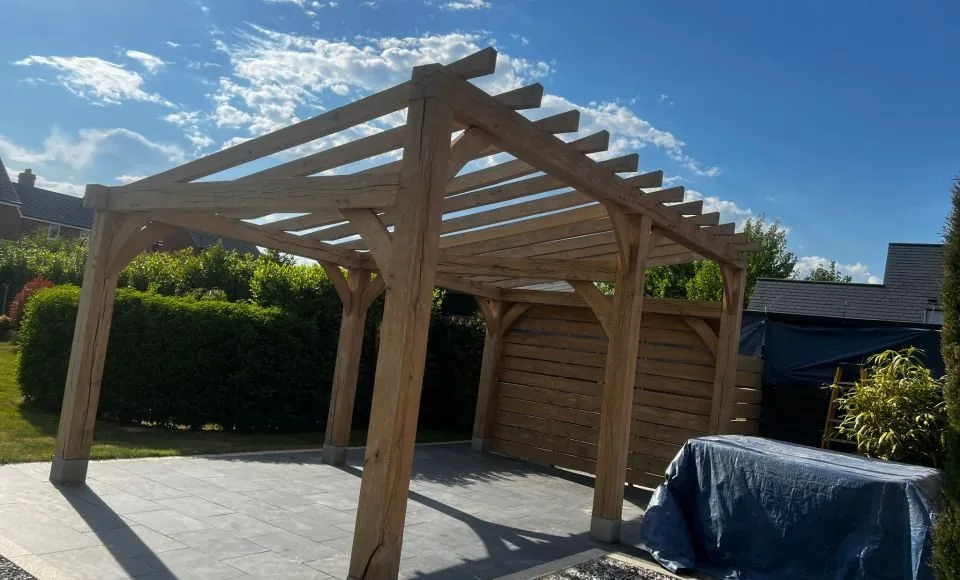 Pergola timber restored to a clean, bright finish with natural grain visible