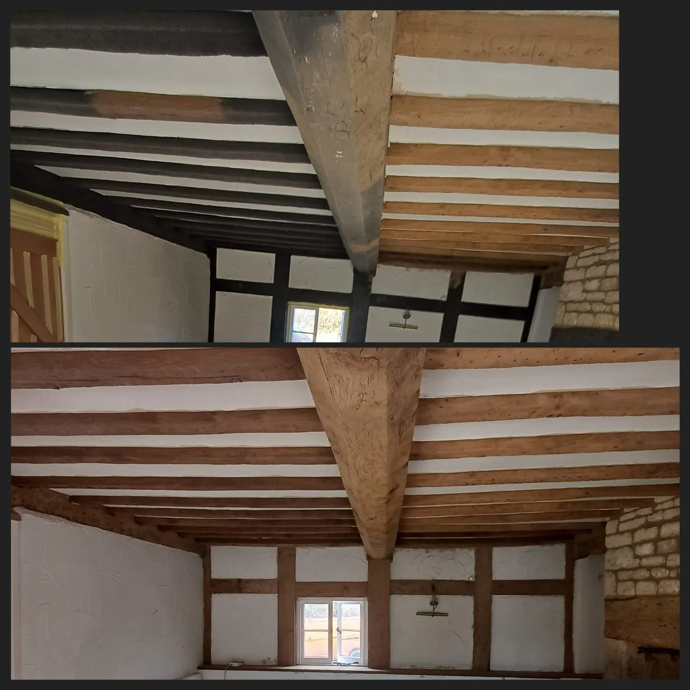 Period cottage fireplace and timber beams showing progressive restoration of stained surfaces