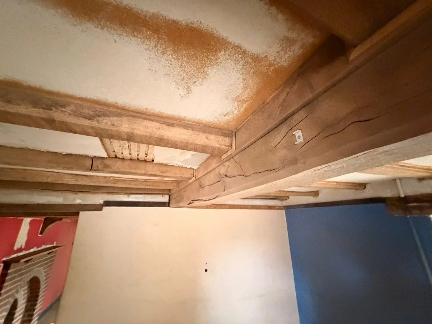 Restored cottage timber beam with dark coating removed and natural wood character visible